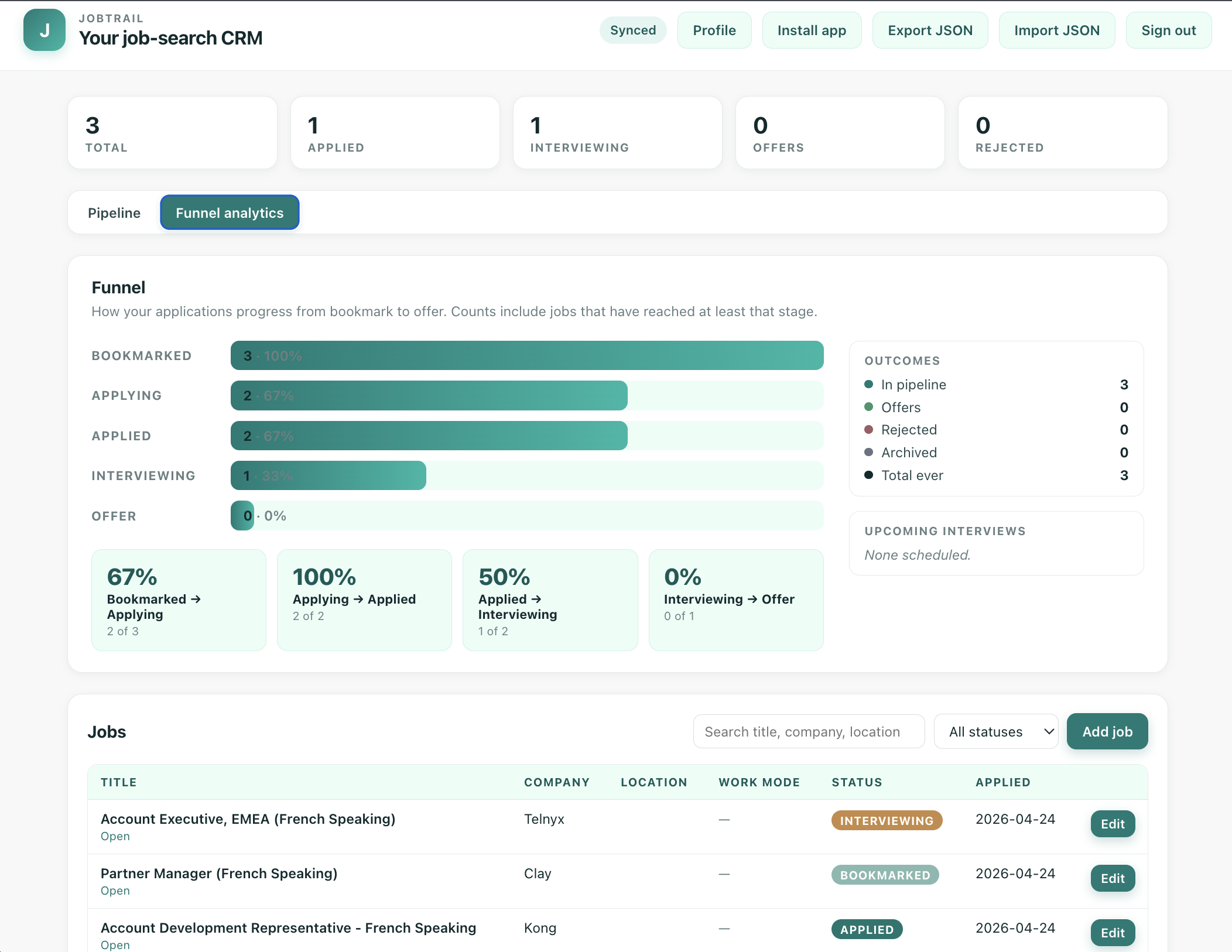 JobTrail dashboard screenshot